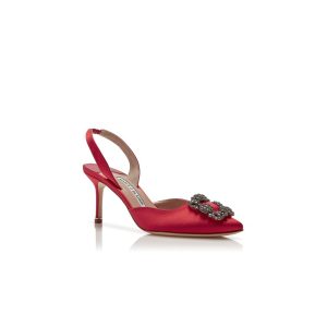 HANGISLI Röda satin pumps med smyckespänne och slingback