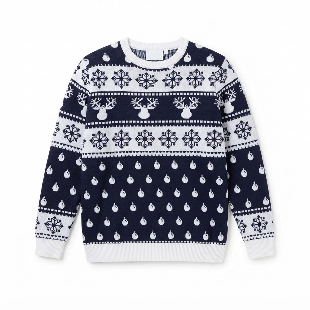 Blå julströja för familjen med renar och snö