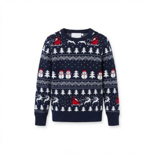 Blå julepullover för barn med granar, snögubbar och julemän