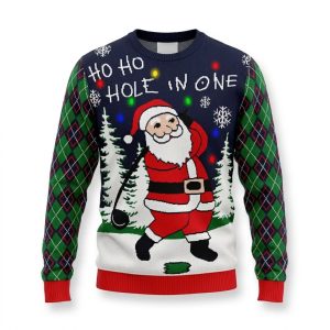 Julpullover för par med lysande LED och tomte som spelar golf
