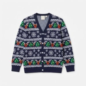 Jultröja cardigan blå med rendjur och julgranar