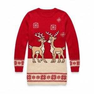 Röd julklänning med baby-renar