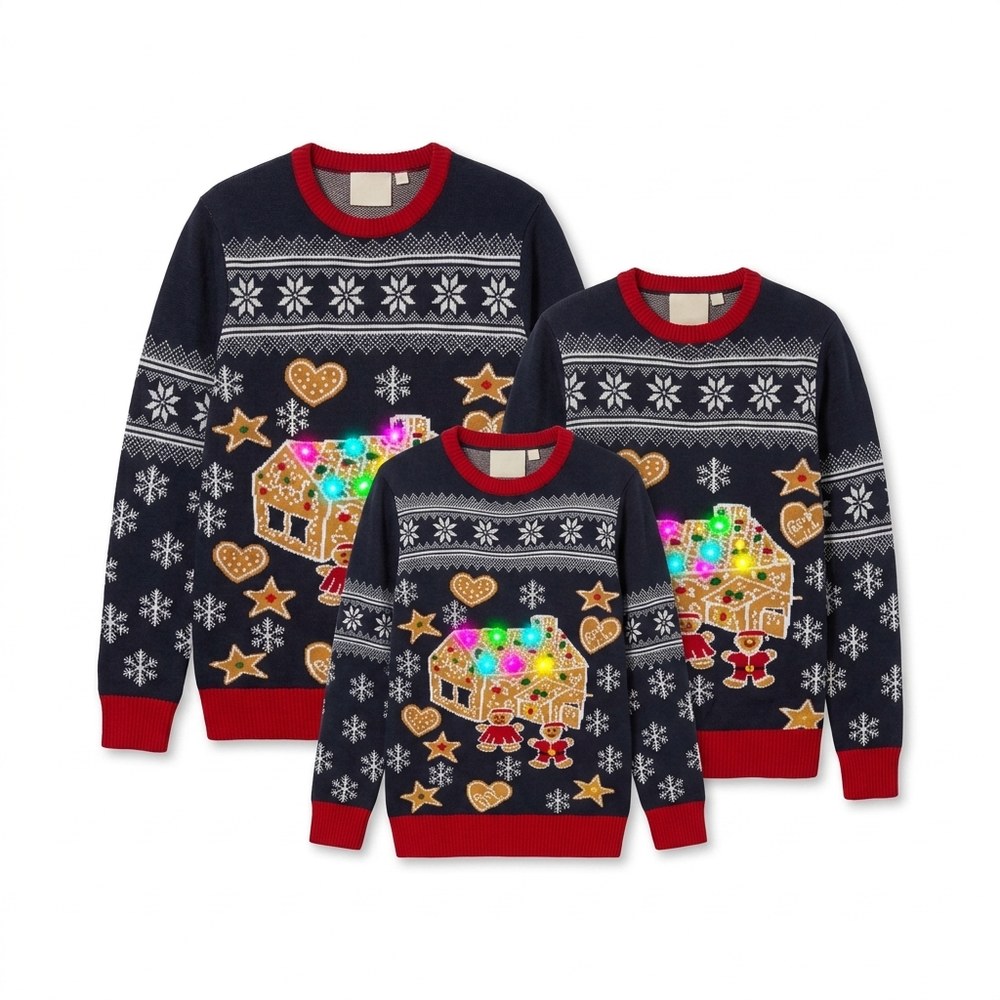 Lysande LED-julpullover för familjen med pepparkakshus