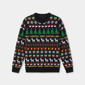Svart julsweatshirt för män med granar, rendjur och gåvor