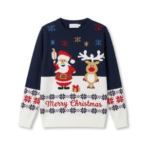 Blå jultröja för familjen med jultomten och Rudolph renen bomull bio
