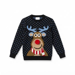 Blå julepullover för barn med ren och rött 3D-näsa