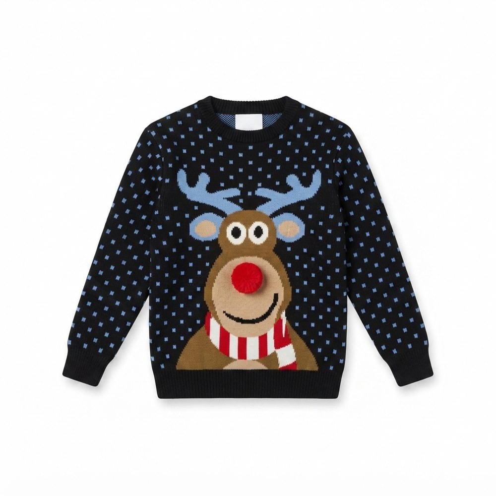 Blå julepullover för barn med ren och rött 3D-näsa