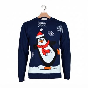 Marinblå julsweatshirt för par med pingvin