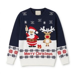 Blå familj-jultröja med Julemanden och Rudolph