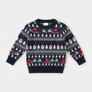Julkofta för barn blå med granar, snögubbar och jultomte ekologisk bomull