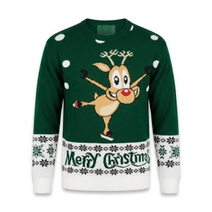 Julsweater för män i grönt med skridskoåkande ren