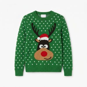 Julfamiljetröja med grön ren och 3D-julhatt