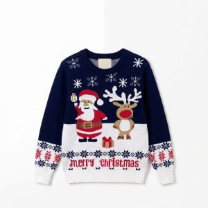 Jultröja för barn i blå med Julemanden och renkalven Rudolf