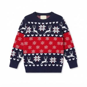 Julepullover för barn med renar och hjärtan blå och röd