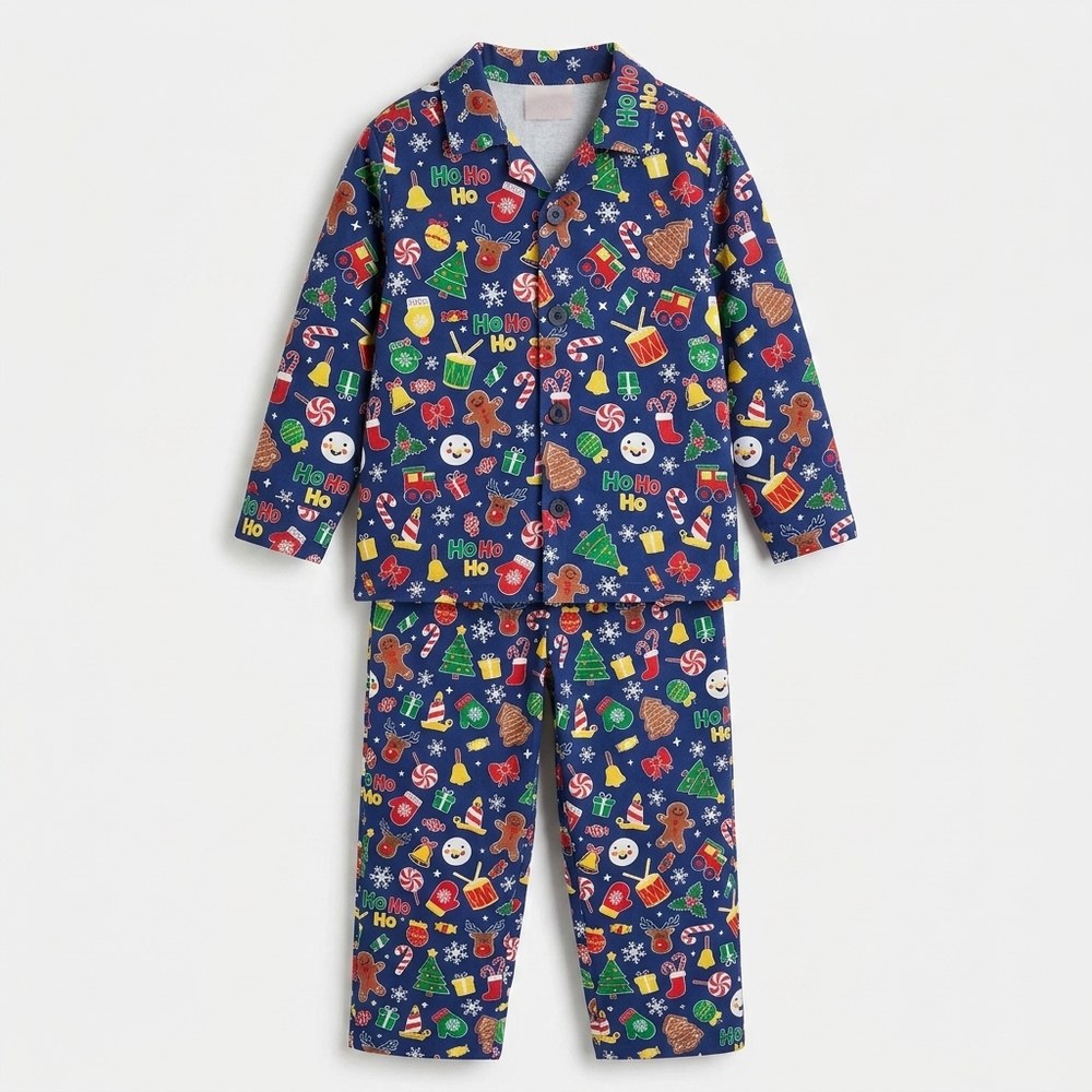 Blå julepyjamas för barn med julmotiv - Bild 2