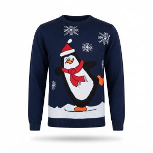 Julepullover för barn marinblå med pingvin