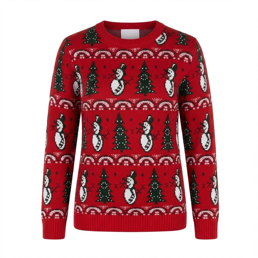 Julsweatshirt för par rött med granar och snögubbar