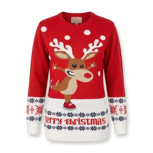 Julsweater för par i rött med skridskoåkande ren