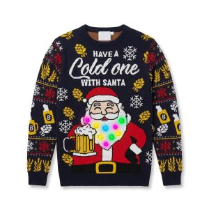 Julpullover för män med lysande LED och tomte med öl