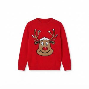 Röd julepullover med leende ren