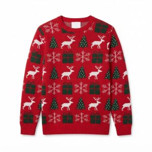 Rött julsweatshirt med renar, gåvor och granar