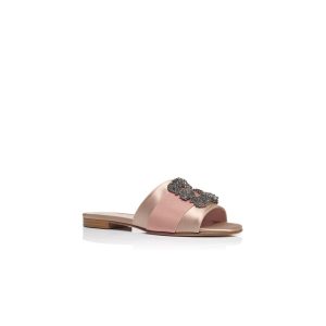 Martamod Beige satinplatt sandal med spännen