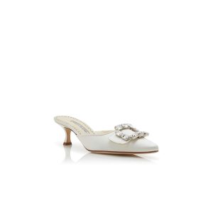 MAYJOU Mules i krämfärgad satin med kristallspänne