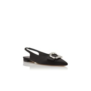 MAYJOUFLATSLI Svarta platta pumps i satin med kristallspänne och slingback