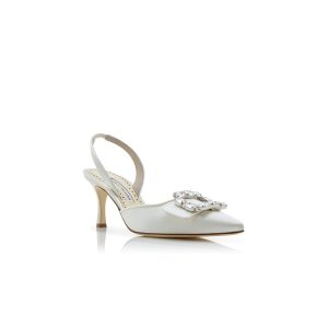 MAYJOUSLI Krämfärgade pumps i satin med kristallspänne och slingback