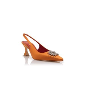 RONCONASLI Orange satinpumps med kristallprydnad och slingback