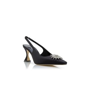 RONCONASLI Svarta pumps i satin med kristallprydnad och slingback